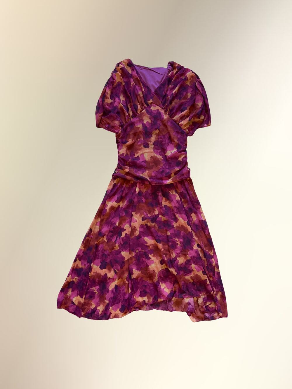 Purple Plum Watercolor Floral Surplice Puff Sleeve Midi Dress Sz S